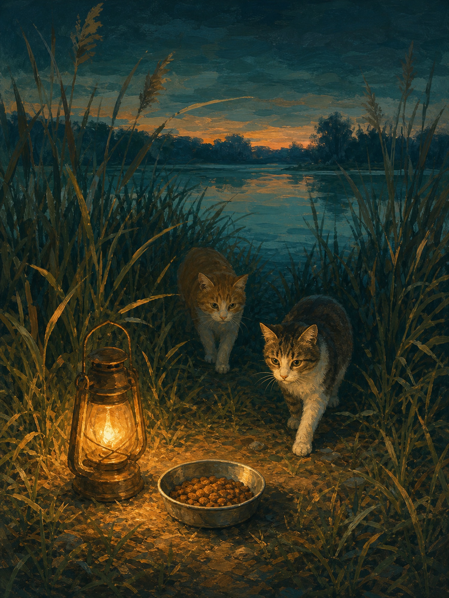 Illustration: a lantern glowing beside a food bowl at the lakeshore at evening, one cat eating while another watches